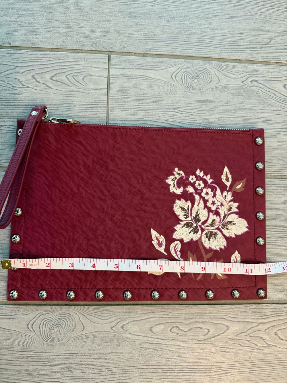 White House Black Market Burgundy Floral Studded Wristlet Clutch - Picture 12 of 12